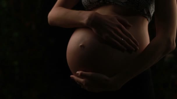 Mulher grávida acariciando sua barriga grande — Vídeo de Stock
