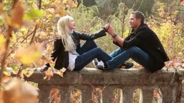 Park taş çit oturan Çift