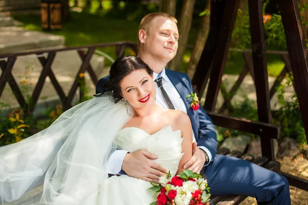 Wedding couple on wooden bench Stock Image