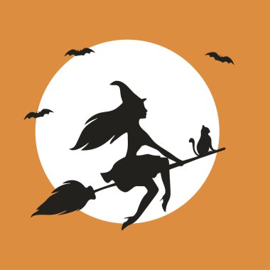 Süpürge sapında bir cadının silueti ve dolunayın arka planında bir kedi.