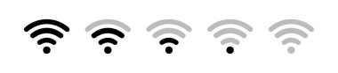 Kablosuz sinyal ikonu seti. Farklı iletişim seviyeleri. Wi-Fi düğmesi. Vektör illüstrasyonu.