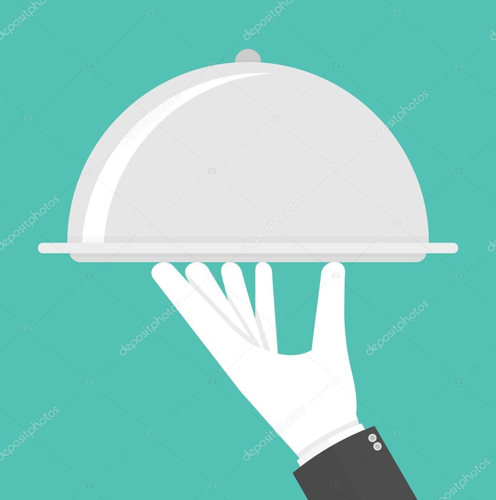 Silver cloche in hand concept. Hand holding or carrying silver serving platter with cover