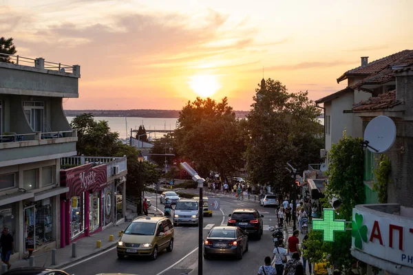 Sozopol Burgaz Bulgaristan 2021 Günbatımında Sozopol Merkezinden Görüntü Büyük Araba — Stok fotoğraf