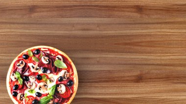 Salamlı ve zeytinli pizza, reklam arkaplanı. 3B görüntüleme.