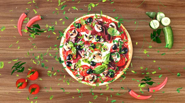 Pizza Mit Salami Und Oliven Werbehintergrund Rendering — Stockfoto