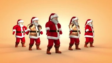 Kırmızı elbiseli beş neşeli Noel Baba dans ediyor. 3d oluşturma