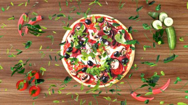 Salamlı ve zeytinli pizza, reklam arkaplanı. 3B görüntüleme.