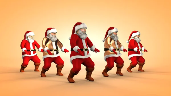 Kırmızı Elbiseli Beş Neşeli Noel Baba Dans Ediyor Oluşturma — Stok fotoğraf