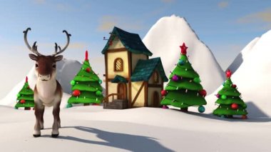 Sevimli yeni yıl geyiği ve Noel manzarası. 3B görüntüleme