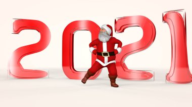 Kırmızı elbiseli neşeli Noel Baba dans ediyor. 3d oluşturma.