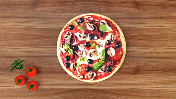 Pizza Mit Salami Und Oliven Werbehintergrund Rendering — Stockfoto