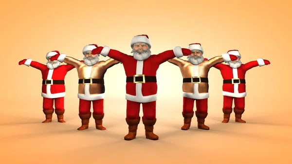 Fünf Fröhliche Weihnachtsmänner Roten Anzug Tanzen Darstellung — Stockfoto