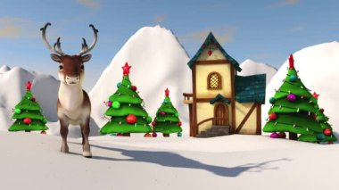 Sevimli yeni yıl geyiği ve Noel manzarası. 3B görüntüleme