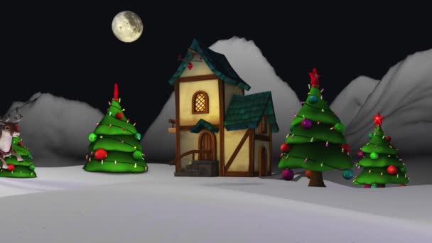 Ο Άγιος Βασίλης κουβαλάει δώρα σε έλκηθρο που τραβάει ελάφια. 3D απόδοση — Αρχείο Βίντεο