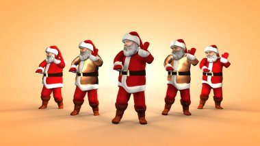 Kırmızı elbiseli beş neşeli Noel Baba dans ediyor. 3d oluşturma .