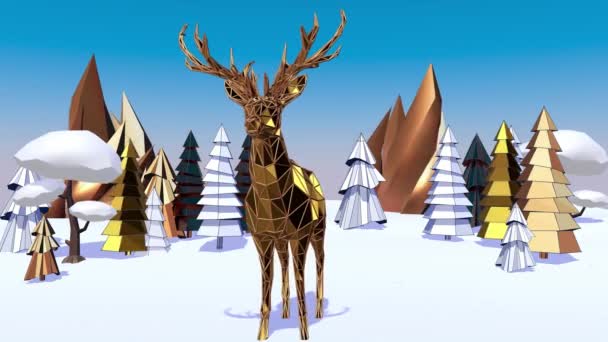 Милий новорічний олень і різдвяний пейзаж. 3D візуалізація — стокове відео