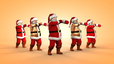 Kırmızı elbiseli beş neşeli Noel Baba dans ediyor. 3d oluşturma .