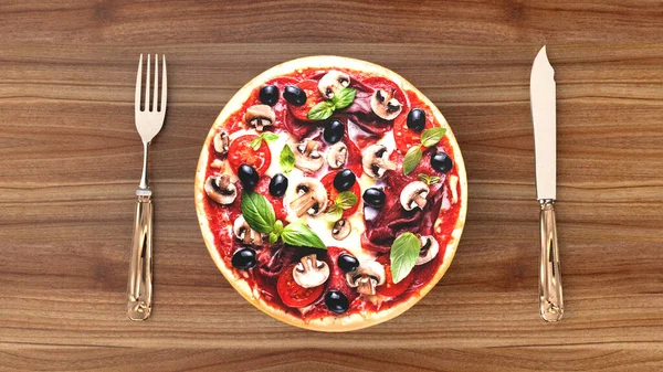 Pizza Mit Salami Und Oliven Werbehintergrund Rendering — Stockfoto