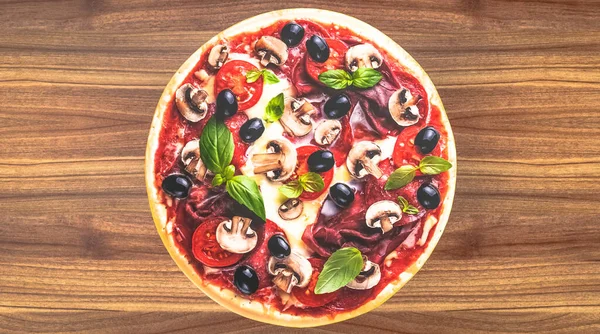 Pizza Mit Salami Und Oliven Werbehintergrund Rendering — Stockfoto