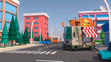 Eğlenceli bir yemek kamyonu. 3B görüntüleme.