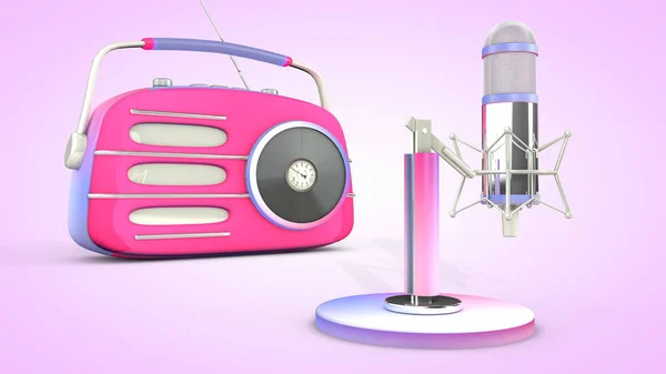 Studio microphone and retro radio. 3D rendering.