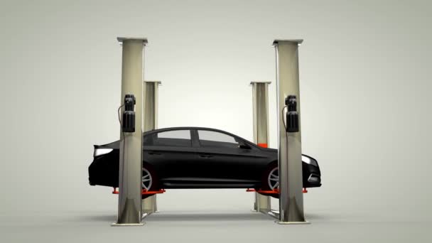 Moderne auto in een werkplaats op een lift. 3D-weergave — Stockvideo