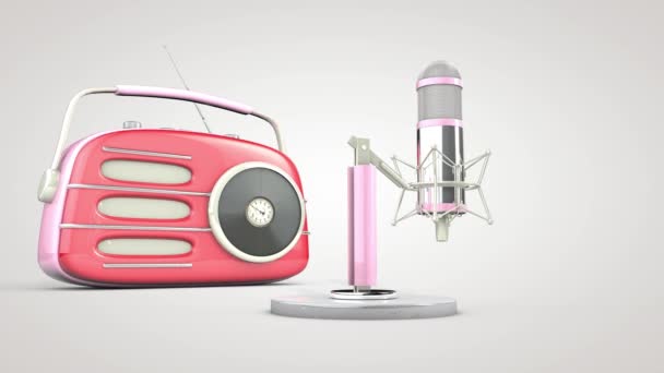 Студийный микрофон и ретро радио. 3D рендеринг — стоковое видео