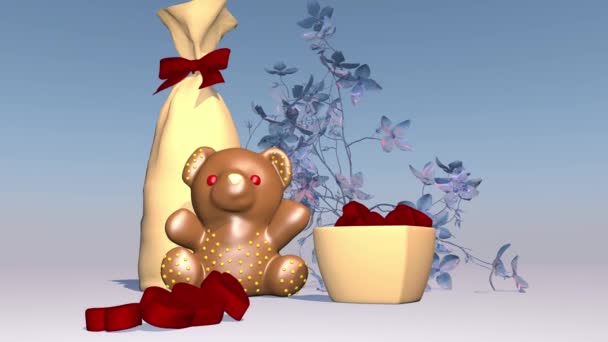 Orso di cioccolato festivo e caramelle. Rendering 3D — Video Stock
