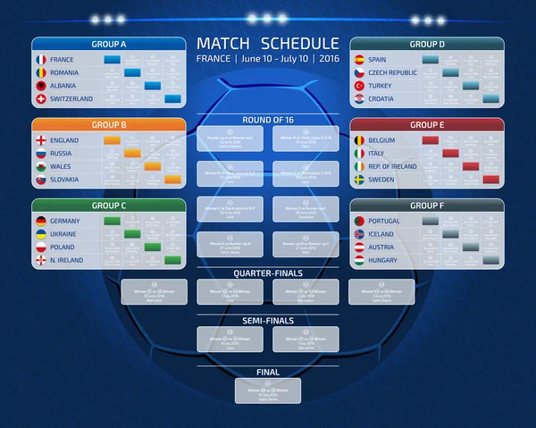 Calendario delle partite, modello per web, stampa, tabella dei risultati del calcio , — Vettoriale Stock