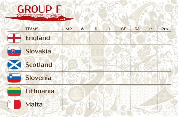 Partidos de clasificatorios europeos, cuadro de resultados del grupo F — Archivo Imágenes Vectoriales