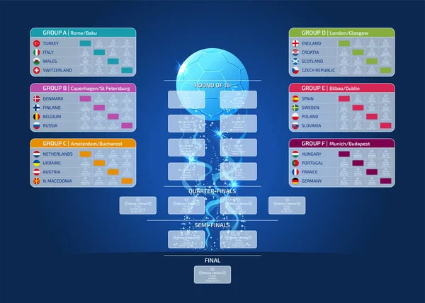 Match Schedule Template Web Print Football Results Table Flags European — 스톡 벡터