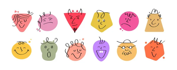 Ensemble Expressions Faciales Dessinées Main Icônes Émoticône Différents Personnages Colorés — Image vectorielle