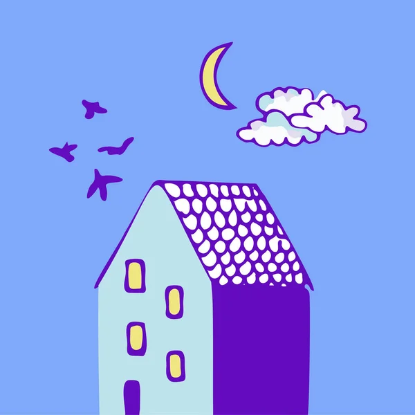 Εικονογράφηση διάνυσμα ενός σπιτιού με πουλιά, ουρανό και φεγγάρι. Στοιχεία σχεδίασης Doodle. — Διανυσματικό Αρχείο