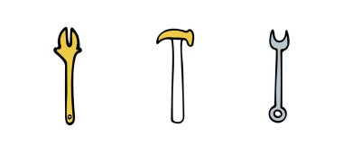 Çizim tarzında tamir etmek için araçların vektör illüstrasyonu. Sarı ve gri. Vektör illüstrasyonu.