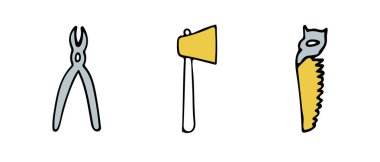 Testere, tel kesici, moda renklerde balta. Sarı ve gri. Vektör illüstrasyonu.