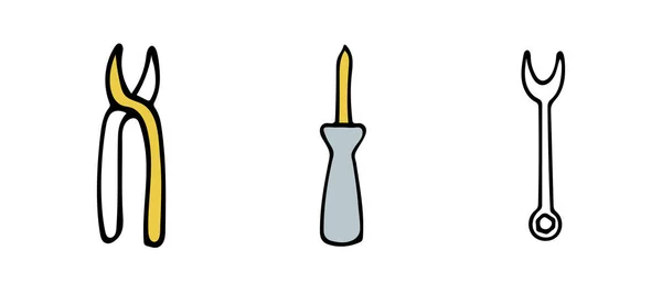 Ilustración vectorial de herramientas para la reparación en estilo doodle. Amarillo y gris. Ilustración vectorial. — Vector de stock