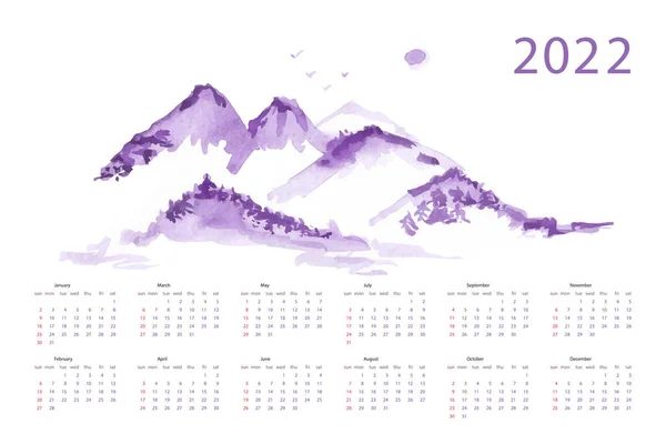 Calendario para 2022 con acuarela violeta montañas chinas. Ilustración vectorial. — Archivo Imágenes Vectoriales