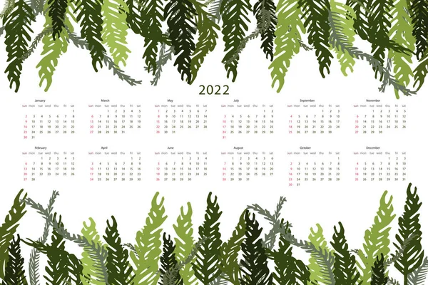 열 대 지방은 2022 년에 녹색 가지와 잎이 달린 달력이다. 벡터 일러스트. — 스톡 벡터