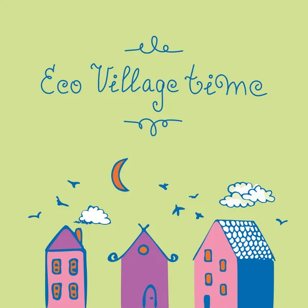 Εικονογράφηση διάνυσμα ενός οικολογικού χωριού με μπλε πουλιά, πορτοκαλί φεγγάρι και λευκά σύννεφα. — Διανυσματικό Αρχείο