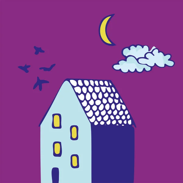 벡터 는 새와 밤하늘, 별 과 달 이 있는 집 을묘사 한 것이다. Doodle 설계 요소. — 스톡 벡터