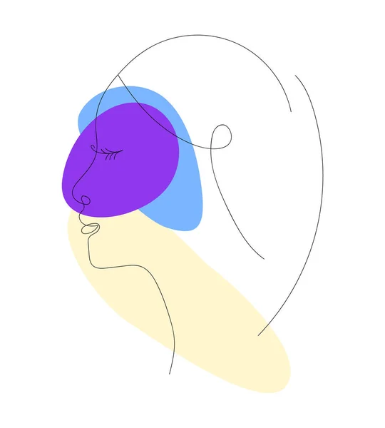 Ein Frauengesicht mit abstrakten Farbflecken. Mädchengesicht in Linie Kunststil. Vektorillustration des modernen weiblichen Profilbildes. — Stockvektor