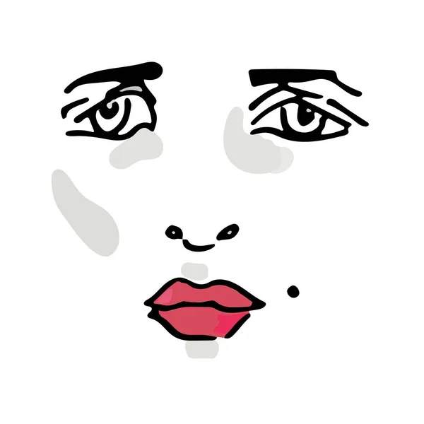 Ilustración vectorial de una cara femenina triste con un lunar y labios rojos. — Vector de stock