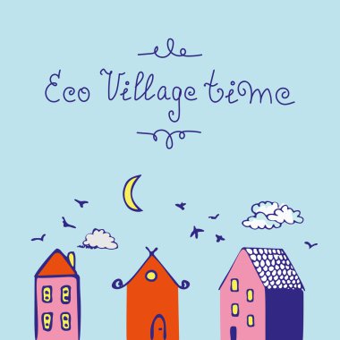Vector illustration of an eco village with birds, yellow moon and blue clouds. clipart
