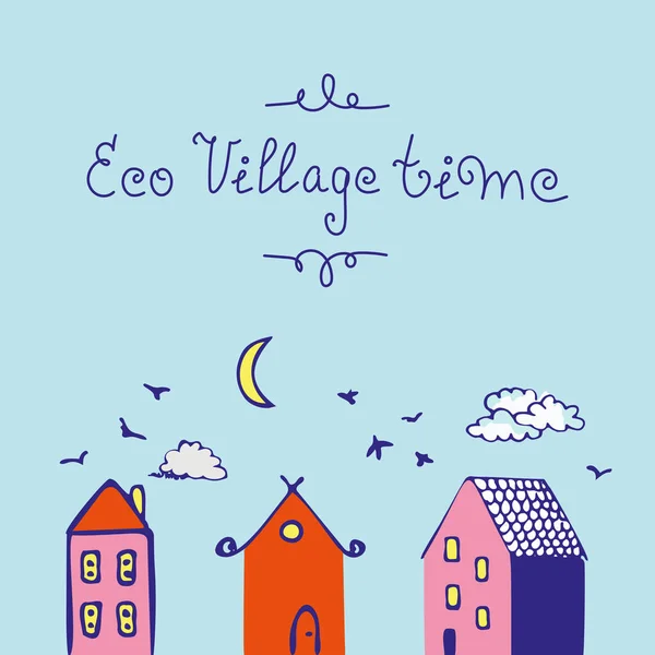 Ilustração vetorial de uma aldeia ecológica com pássaros, lua amarela e nuvens azuis. —  Vetores de Stock