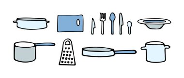 Tabakların ve kupaların, bıçakların ve kaşıkların, çatalların ve kesme tahtalarının, tencere ve tavaların renkli çizimleri..