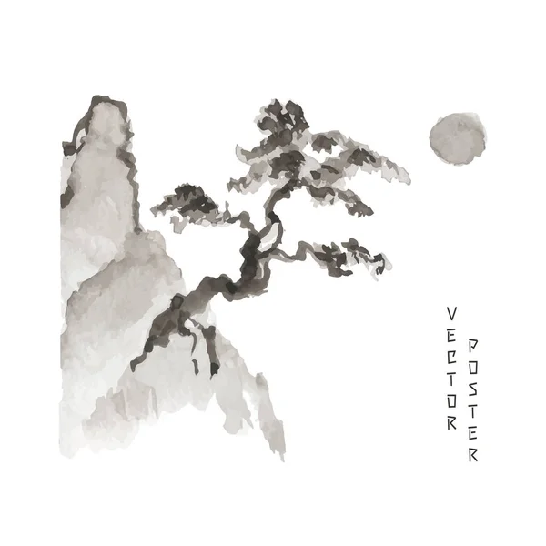 Güneş ya da ay ışığı altında bir kayanın üzerinde Japon bonsai 'sinin yakın çekimi. Japonca ve Çince çizim. 