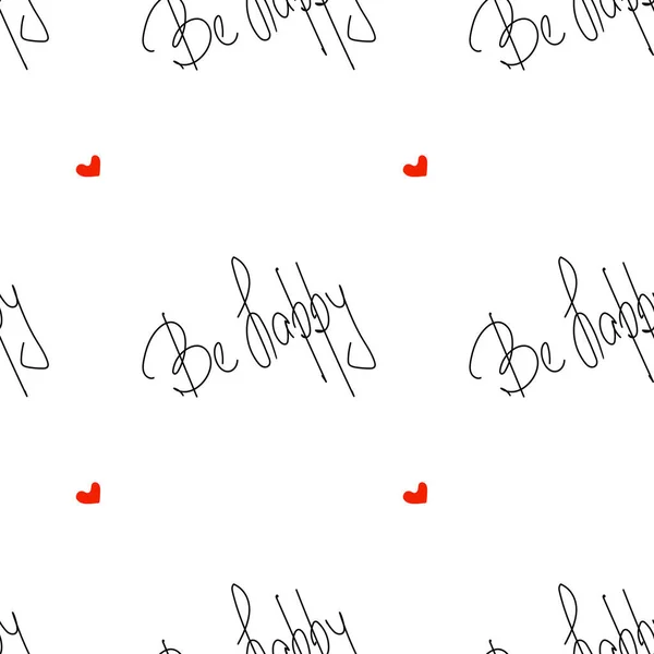 Witte achtergrond met rode harten en belettering Wees gelukkig. Patroon voor het inpakken van papier. — Stockvector