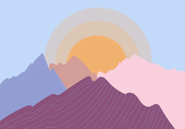 Ilustração vetorial de uma paisagem montanhosa ao nascer do sol em um estilo minimalista. —  Vetores de Stock