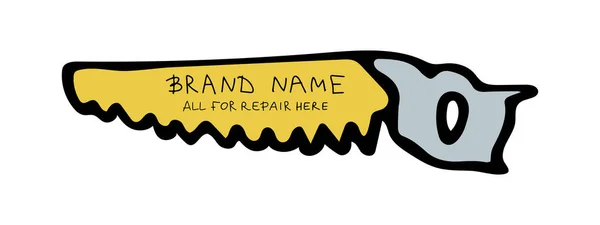 Moda renklerinde logo. Sarı testereler yukarı ve aşağı, arada yazı var. İnşaat mağazası reklamı için bir şablon. Vektör çizimi. Sarı ve gri..