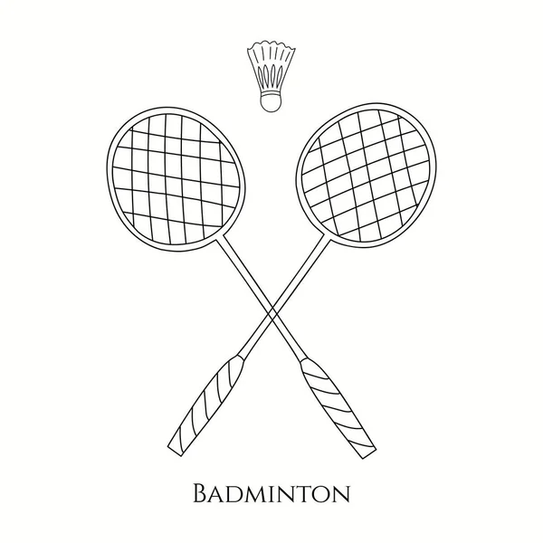 Çizgi sanatı stili badminton raketleri ve servis horozu. Vektör illüstrasyonu.